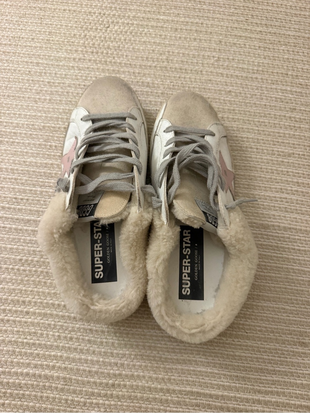 Golden Goose Super-Star Sneakers in Beige with Pink Star